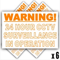 6 x Orange on White-130mm-WORDED Only- Warning 24 Hour CCTV Surveillance In Operation Stickers-Closed Circuit Television Security-Self Adhesive Vinyl Signs